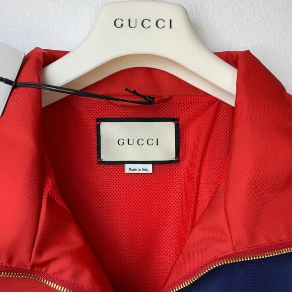 NWT Gucci Men Nylon Jacket Gucci Script Red Lightweight Canvas Nylon Blue - Picture 12 of 16